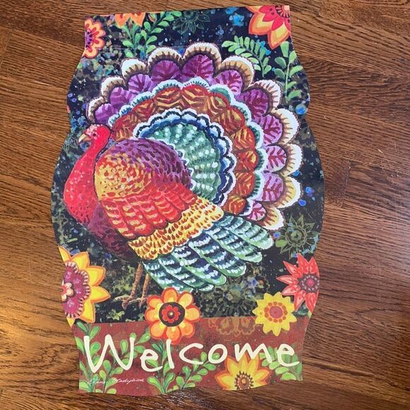 Evergreen Fancy Folk Turkey Thanksgiving “Welcome” garden flag - Picture 1 of 5